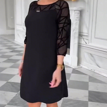 Elegantes schwarzes A-Linien-Kleid mit 3/4-Mesh-Ärmeln