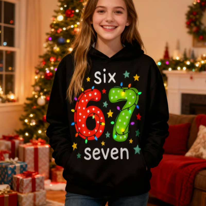 Kinder Weihnachts-Kapuzenpullover mit „67“ Grafik-Print