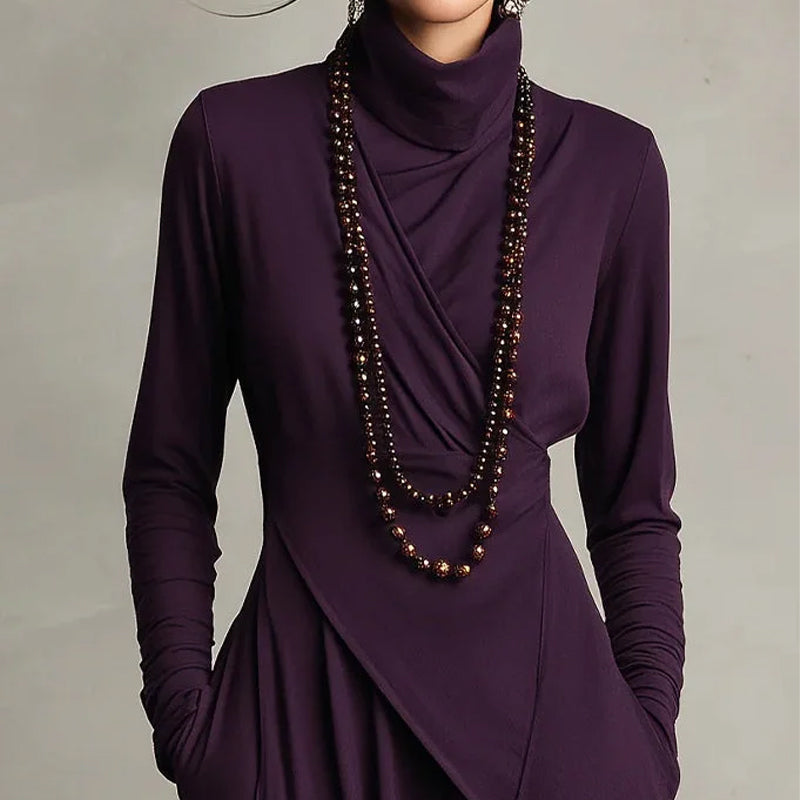 🧣Damen elegantes Maxikleid mit hohem Kragen und asymmetrischer Drapierung