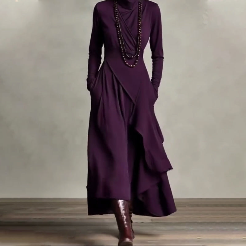 🧣Damen elegantes Maxikleid mit hohem Kragen und asymmetrischer Drapierung