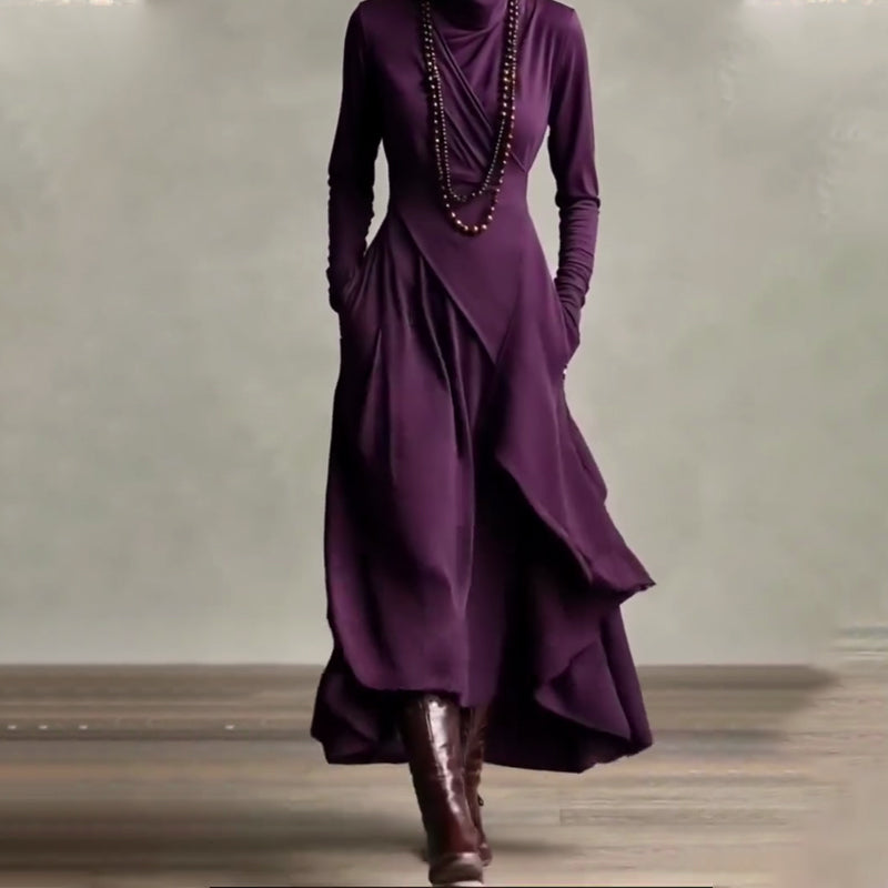 🧣Damen elegantes Maxikleid mit hohem Kragen und asymmetrischer Drapierung