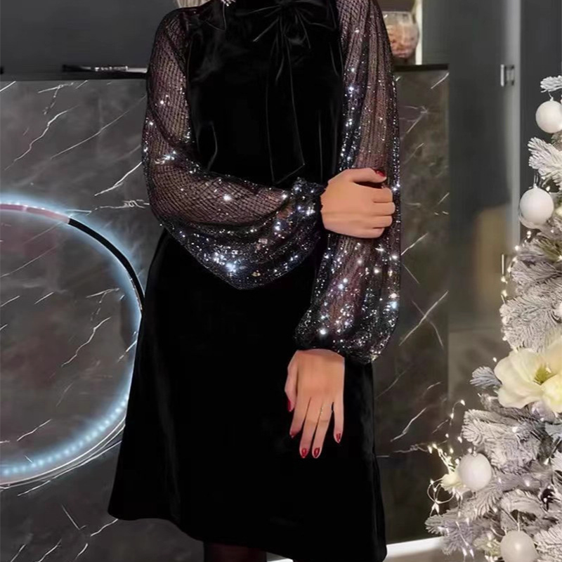 🔥Damen Paillettenkleid mit Schleife am Kragen