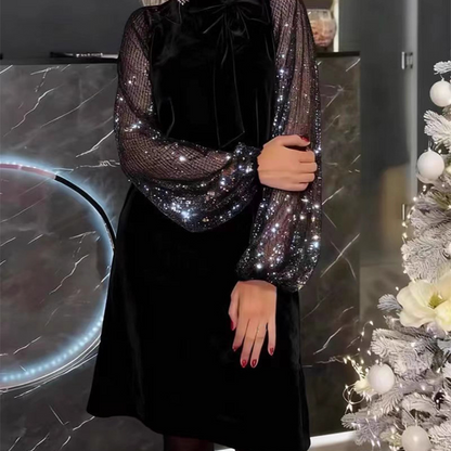 🔥Damen Paillettenkleid mit Schleife am Kragen