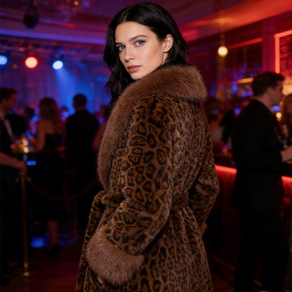 ⚡60 % RABATT !!⚡Damens Leopardenmuster-Mantel aus kuscheligem Kunstpelz mit Gürtel🧥