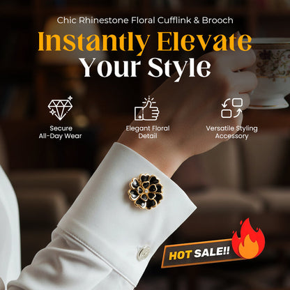 🌷60% RABATT✨Zweiteiliges Schmuckset: Manschettenknöpfe & Brosche mit Rhinestone-Blütendesign ✨🌷 Vielseitig tragbar – Für festliche Anlässe & elegante Alltagsakzente