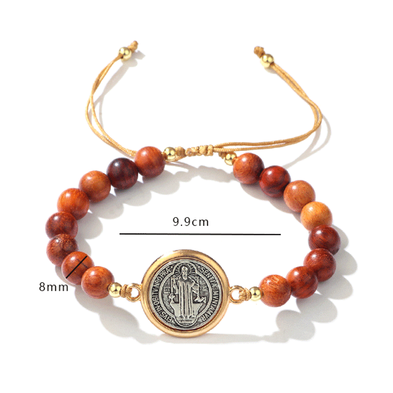 🛡️Ein treuer Begleiter für Schutzgeister✨Armband aus Naturholzperlen mit St.-Benedikt-Motiv🎁Verstellbar, für Damen und Herren geeignet