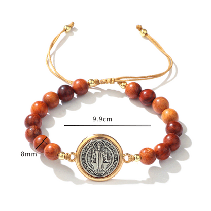 🛡️Ein treuer Begleiter für Schutzgeister✨Armband aus Naturholzperlen mit St.-Benedikt-Motiv🎁Verstellbar, für Damen und Herren geeignet
