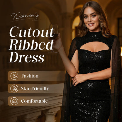 🧡 ✨Ausgeschnittenes, geripptes Kleid für Damen mit Chiffon-Cape