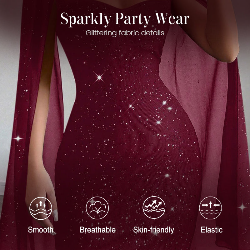 🧡 ✨Ausgeschnittenes, geripptes Kleid für Damen mit Chiffon-Cape