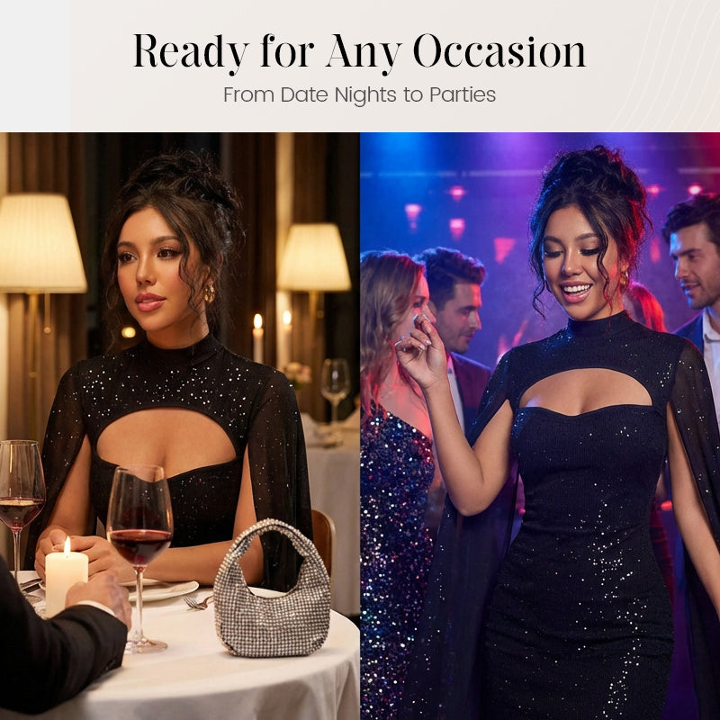 🧡 ✨Ausgeschnittenes, geripptes Kleid für Damen mit Chiffon-Cape