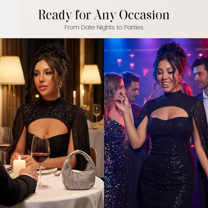 🧡 ✨Ausgeschnittenes, geripptes Kleid für Damen mit Chiffon-Cape