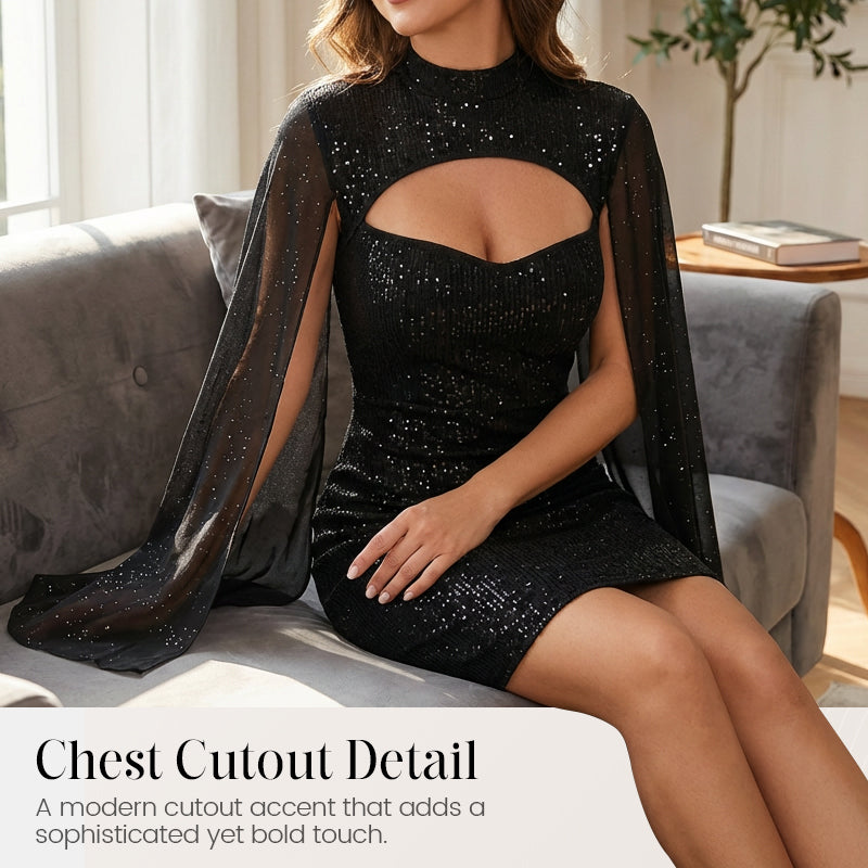🧡 ✨Ausgeschnittenes, geripptes Kleid für Damen mit Chiffon-Cape