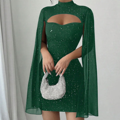 🧡 ✨Ausgeschnittenes, geripptes Kleid für Damen mit Chiffon-Cape