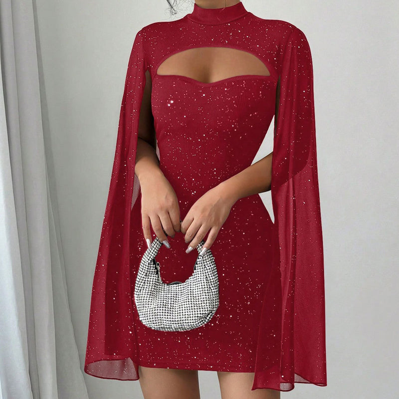 🧡 ✨Ausgeschnittenes, geripptes Kleid für Damen mit Chiffon-Cape