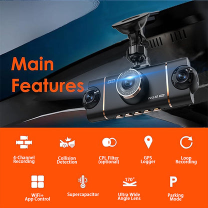 🚗 📹4-Channel HD Dashcam with Front Interior Rear Recording