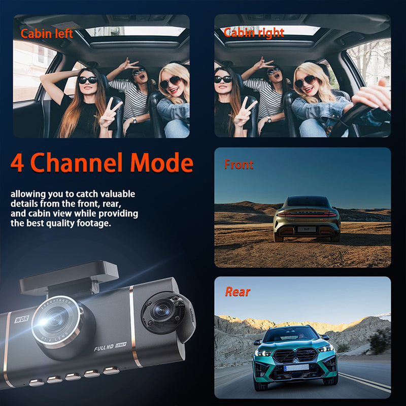 🚗 📹4-Channel HD Dashcam with Front Interior Rear Recording