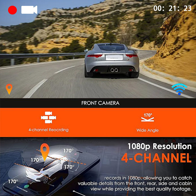 🚗 📹4-Channel HD Dashcam with Front Interior Rear Recording