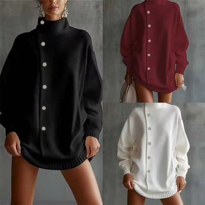 Damen-Strickjacke mit hohem Kragen und Knöpfen