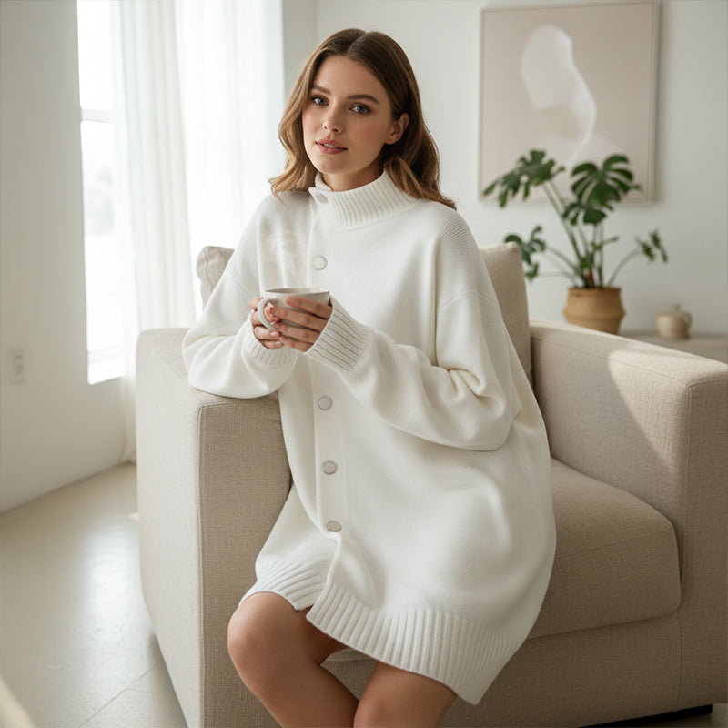 Damen-Strickjacke mit hohem Kragen und Knöpfen