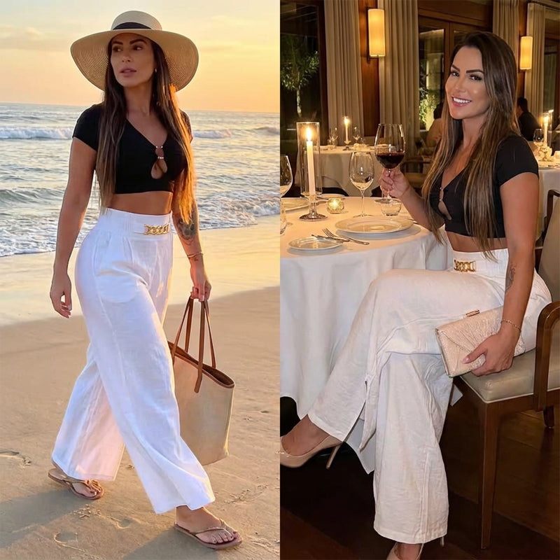 ✨🔥Damen-Hose mit hohem Bund, weitem Bein und Gürtelakzent💓