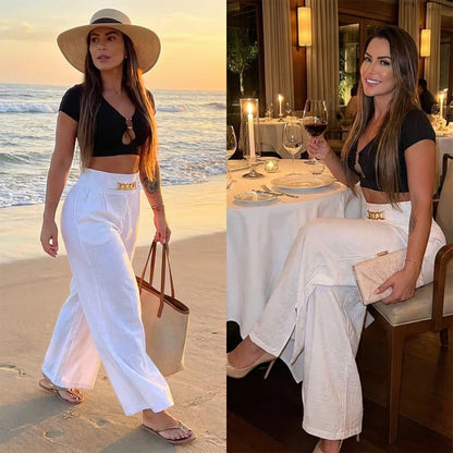 ✨🔥Damen-Hose mit hohem Bund, weitem Bein und Gürtelakzent💓