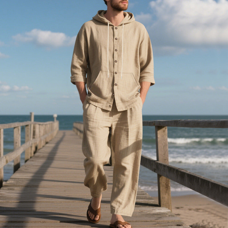 Männer lockere Kapuze Langärmel Top & Wide-Leg Hose 2-teiliges Set