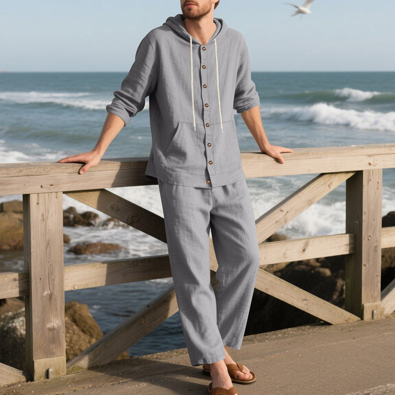Männer lockere Kapuze Langärmel Top & Wide-Leg Hose 2-teiliges Set