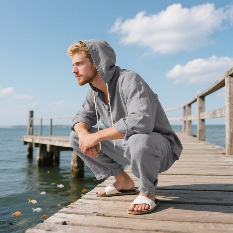 Männer lockere Kapuze Langärmel Top & Wide-Leg Hose 2-teiliges Set