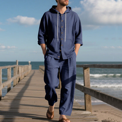 Männer lockere Kapuze Langärmel Top & Wide-Leg Hose 2-teiliges Set