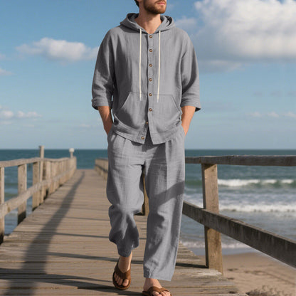 Männer lockere Kapuze Langärmel Top & Wide-Leg Hose 2-teiliges Set