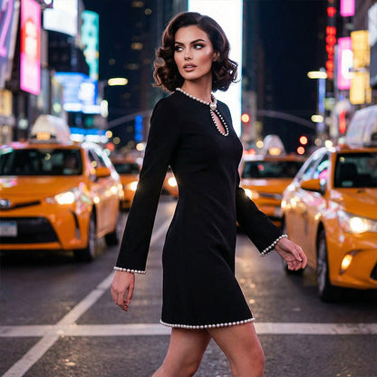 ✨🔥Kurzes Sheath-Kleid für Frauen mit Kunstperlenbesatz und Schlüssellochausschnitt👚