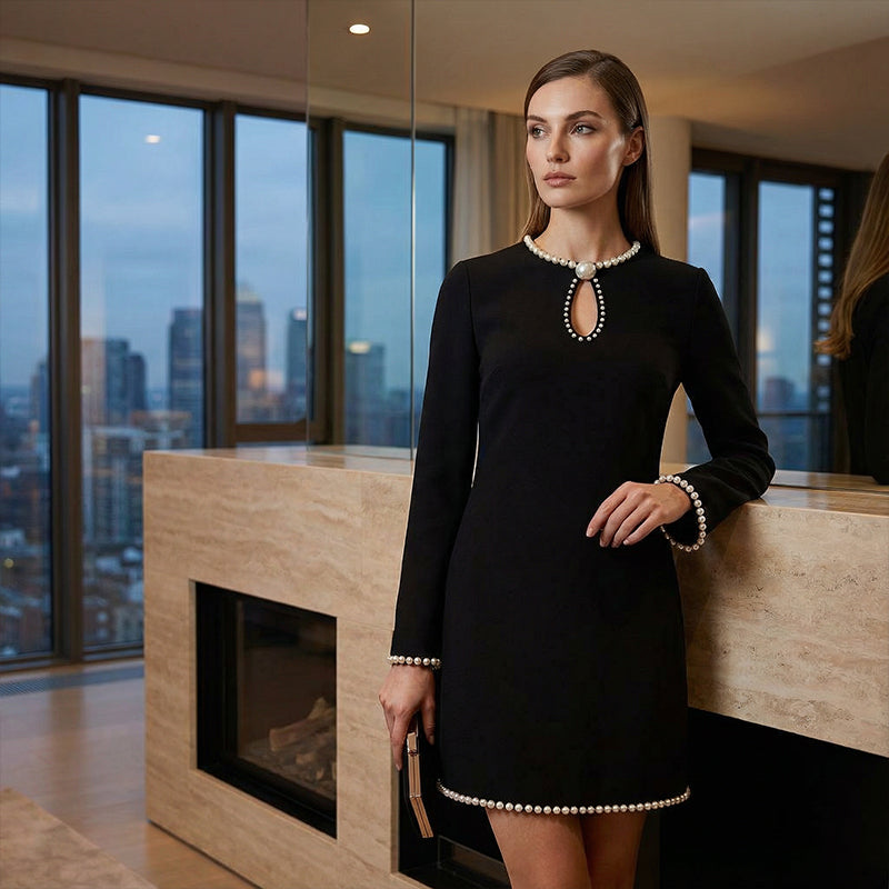 ✨🔥Kurzes Sheath-Kleid für Frauen mit Kunstperlenbesatz und Schlüssellochausschnitt👚