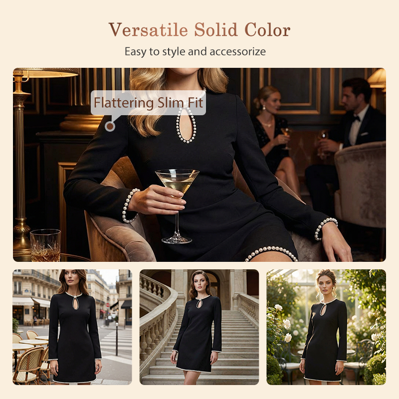 ✨🔥Kurzes Sheath-Kleid für Frauen mit Kunstperlenbesatz und Schlüssellochausschnitt👚