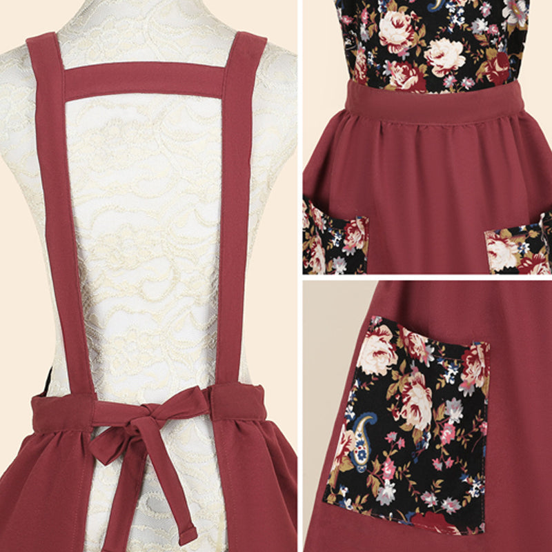 Floral Cotton Kitchen Apron with Pockets