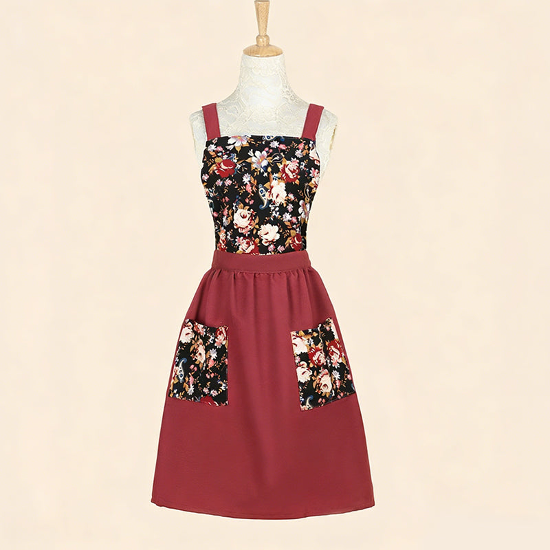 Floral Cotton Kitchen Apron with Pockets