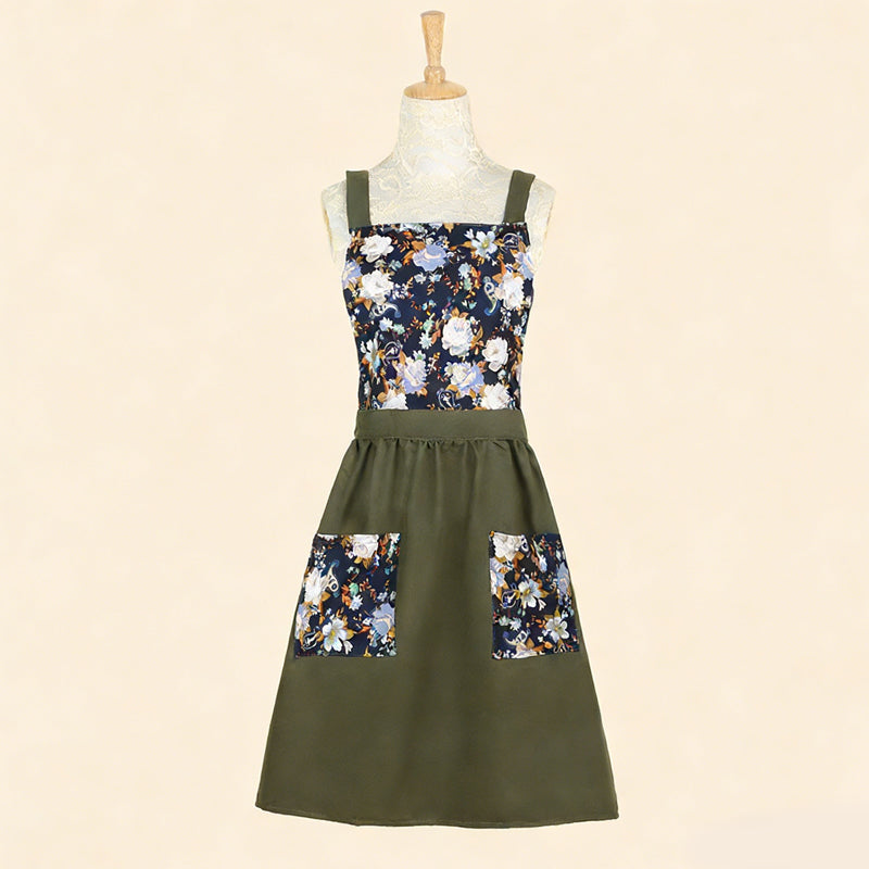 Floral Cotton Kitchen Apron with Pockets