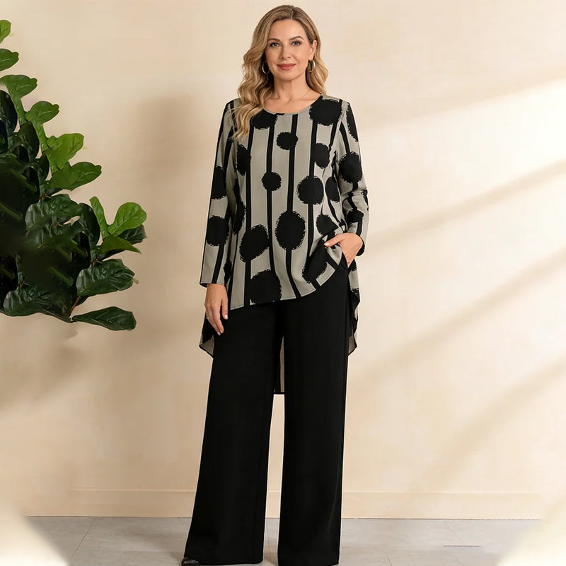 Damen-2-Teiliges Set: Asymmetrisches Oberteil + Hose – Vintage-Print & ganztägiger Komfort