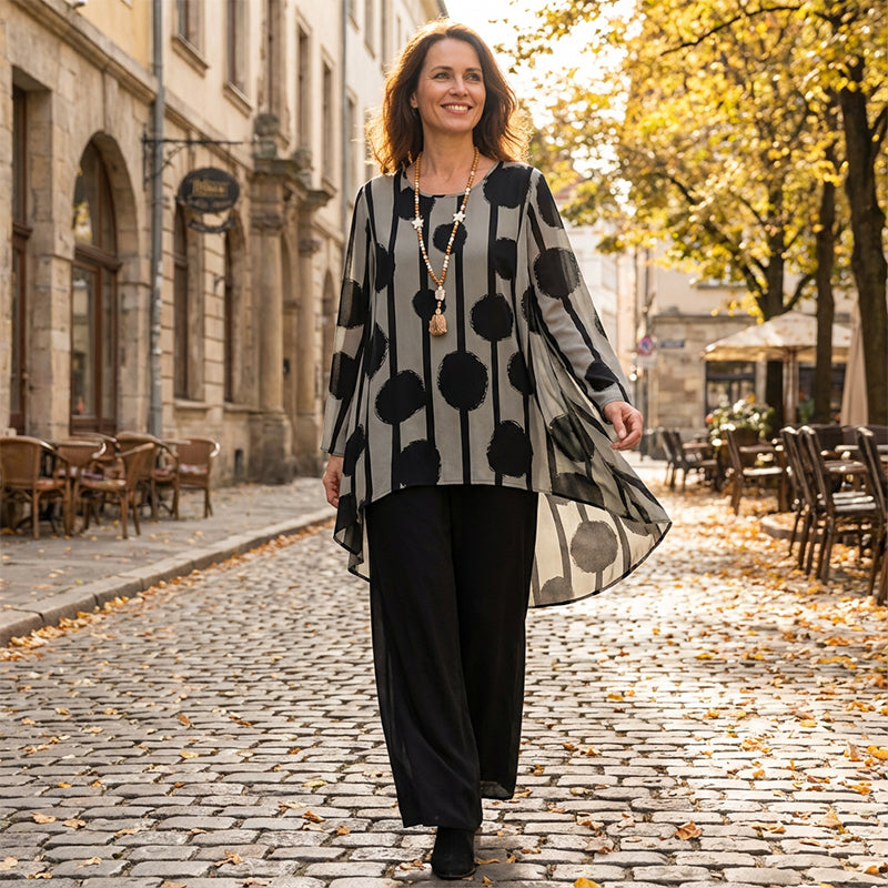 Damen-2-Teiliges Set: Asymmetrisches Oberteil + Hose – Vintage-Print & ganztägiger Komfort