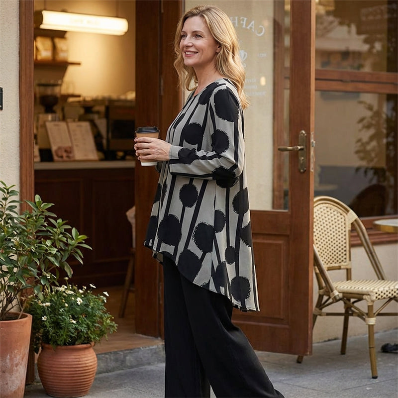 Damen-2-Teiliges Set: Asymmetrisches Oberteil + Hose – Vintage-Print & ganztägiger Komfort