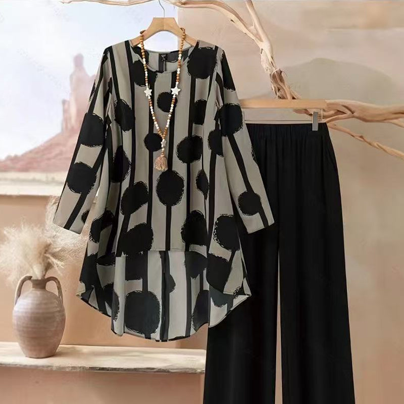 Damen-2-Teiliges Set: Asymmetrisches Oberteil + Hose – Vintage-Print & ganztägiger Komfort