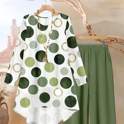 Damen-2-Teiliges Set: Asymmetrisches Oberteil + Hose – Vintage-Print & ganztägiger Komfort