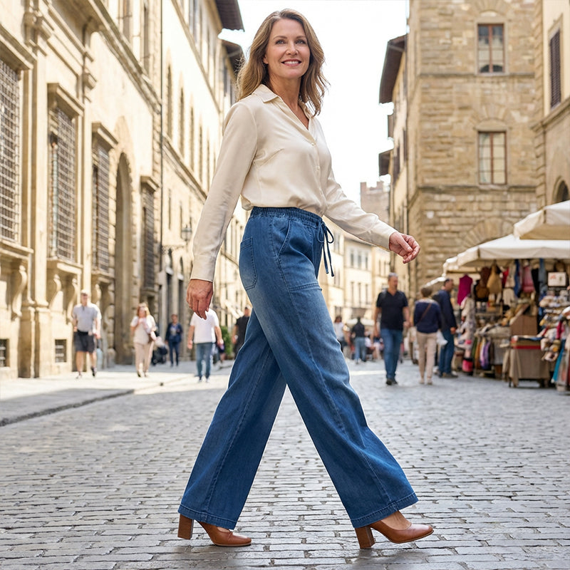Damen-Jeans mit Kordelbund und weiten Beinen aus Denim