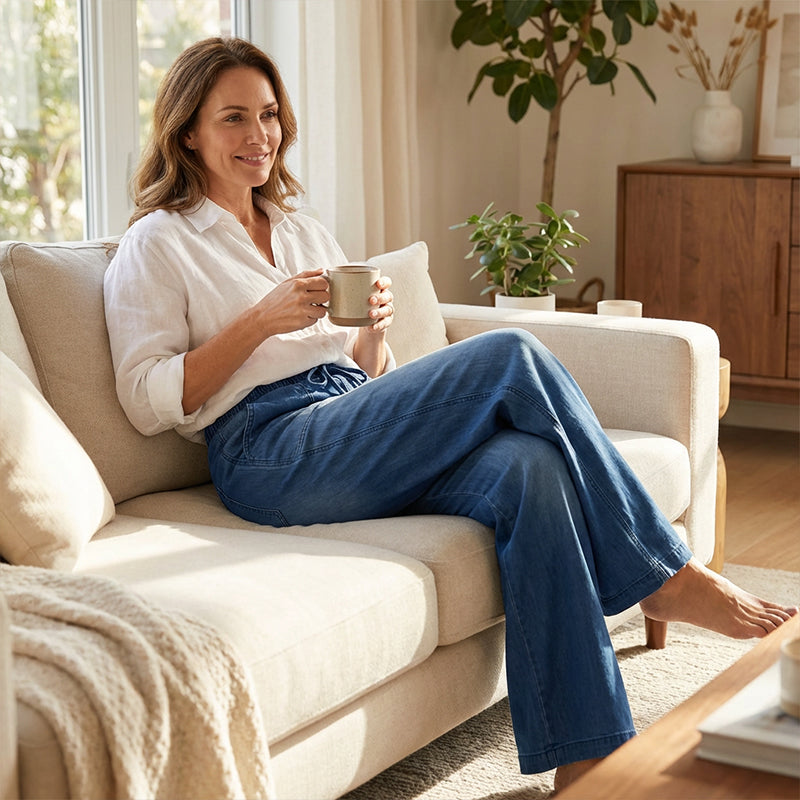 Damen-Jeans mit Kordelbund und weiten Beinen aus Denim
