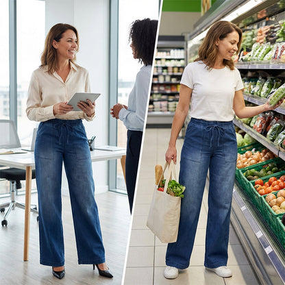 Damen-Jeans mit Kordelbund und weiten Beinen aus Denim