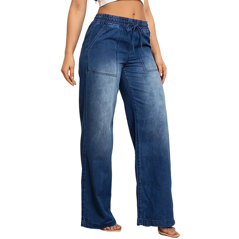 Damen-Jeans mit Kordelbund und weiten Beinen aus Denim