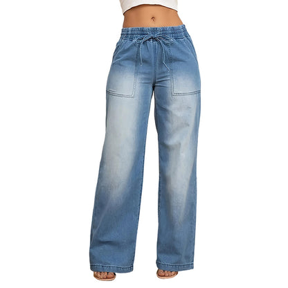 Damen-Jeans mit Kordelbund und weiten Beinen aus Denim