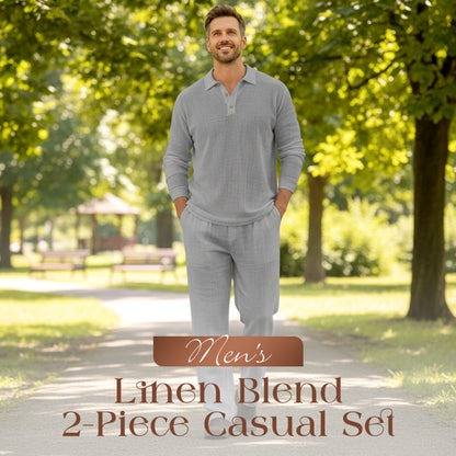 👕🌞 Herren 2-teiliger Freizeit-Set – Leinen Polo-Shirt mit langen Ärmeln & Lange Hose, Ideal für Frühling & Sommer