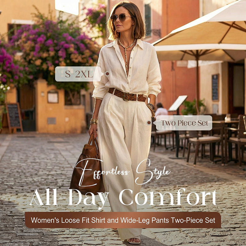 Zweiteiliges Set aus locker sitzendem Damenhemd und weit geschnittener Hose