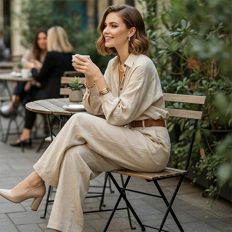 Zweiteiliges Set aus locker sitzendem Damenhemd und weit geschnittener Hose