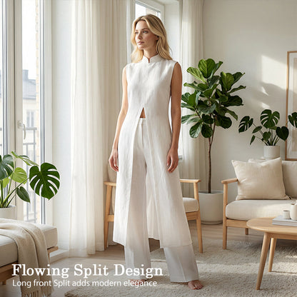 👗Damen 2-teiliges Set: Ärmelloses Oberteil + Weithose mit hohem Schlitz – atmungsaktiv & stilvoll